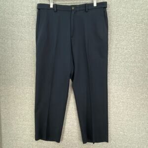 Haggar Pants Mens 34 X 30 Navy Blue Dress Slacks Expandable Waist Flat Front